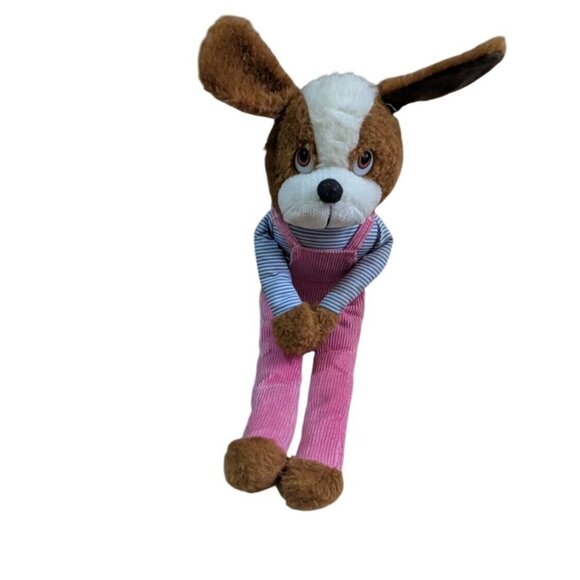 Vintage knee hugger Stuffed Dog Toy Pink Corduroy Overalls & Striped Shirt 15" - Picture 5 of 7